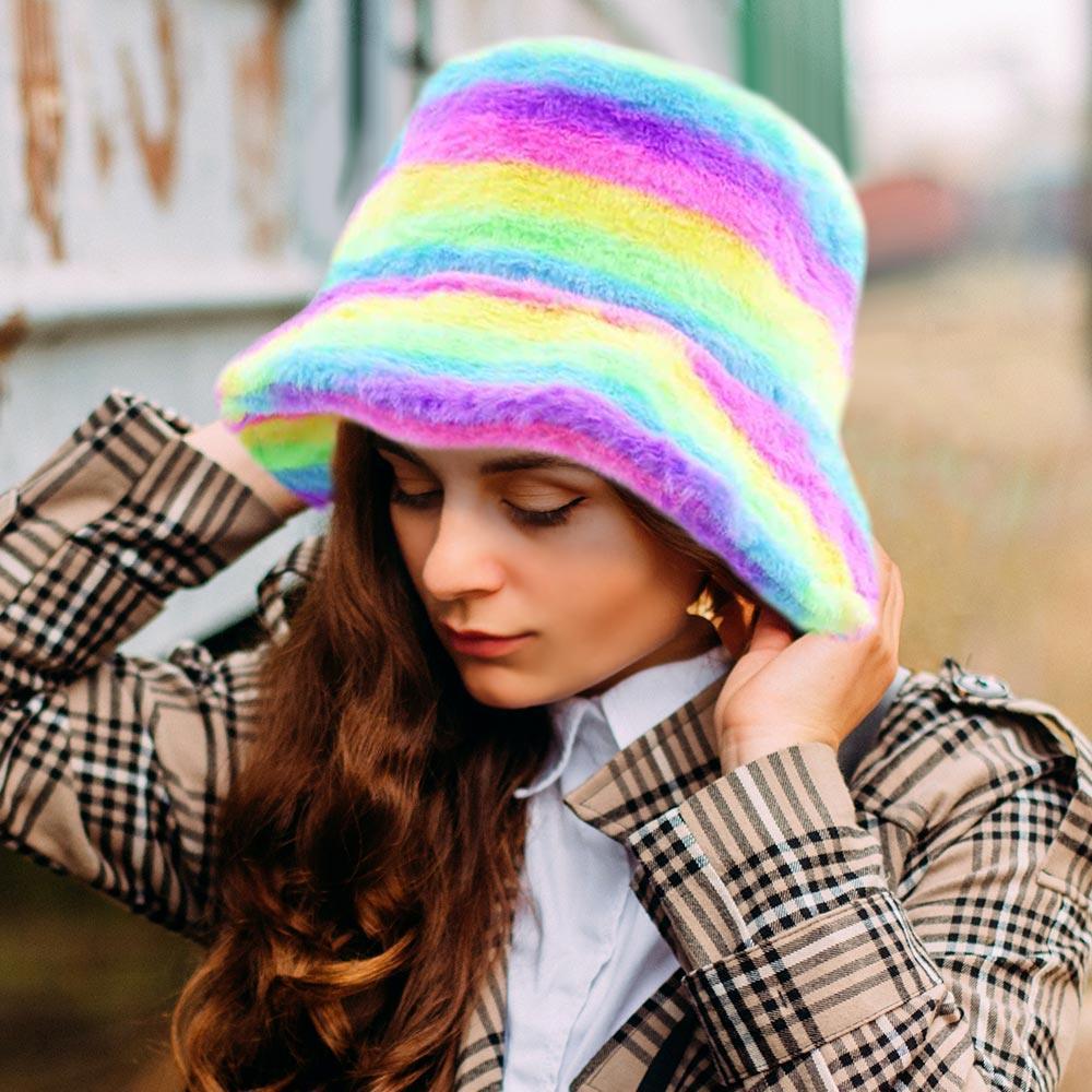 Rainbow Faux Fur Bucket Hat - Jewelry Store by Erik Rayo