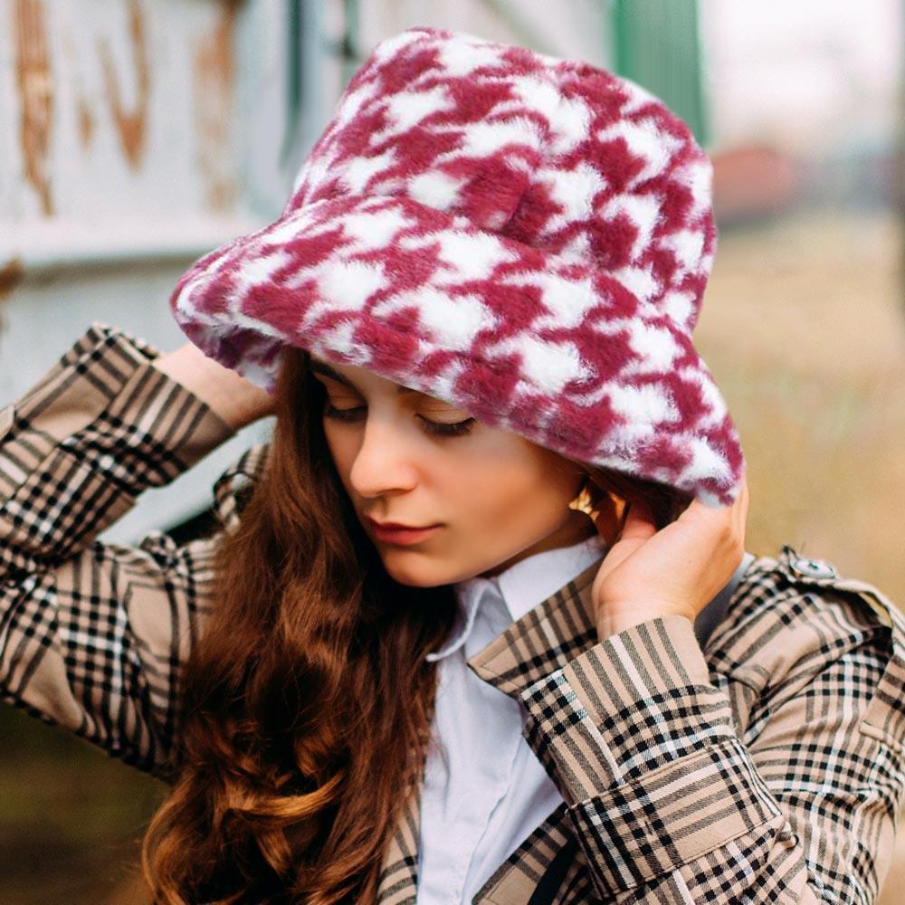 Houndstooth Patterned Faux Fur Bucket Hat - Jewelry Store by Erik Rayo