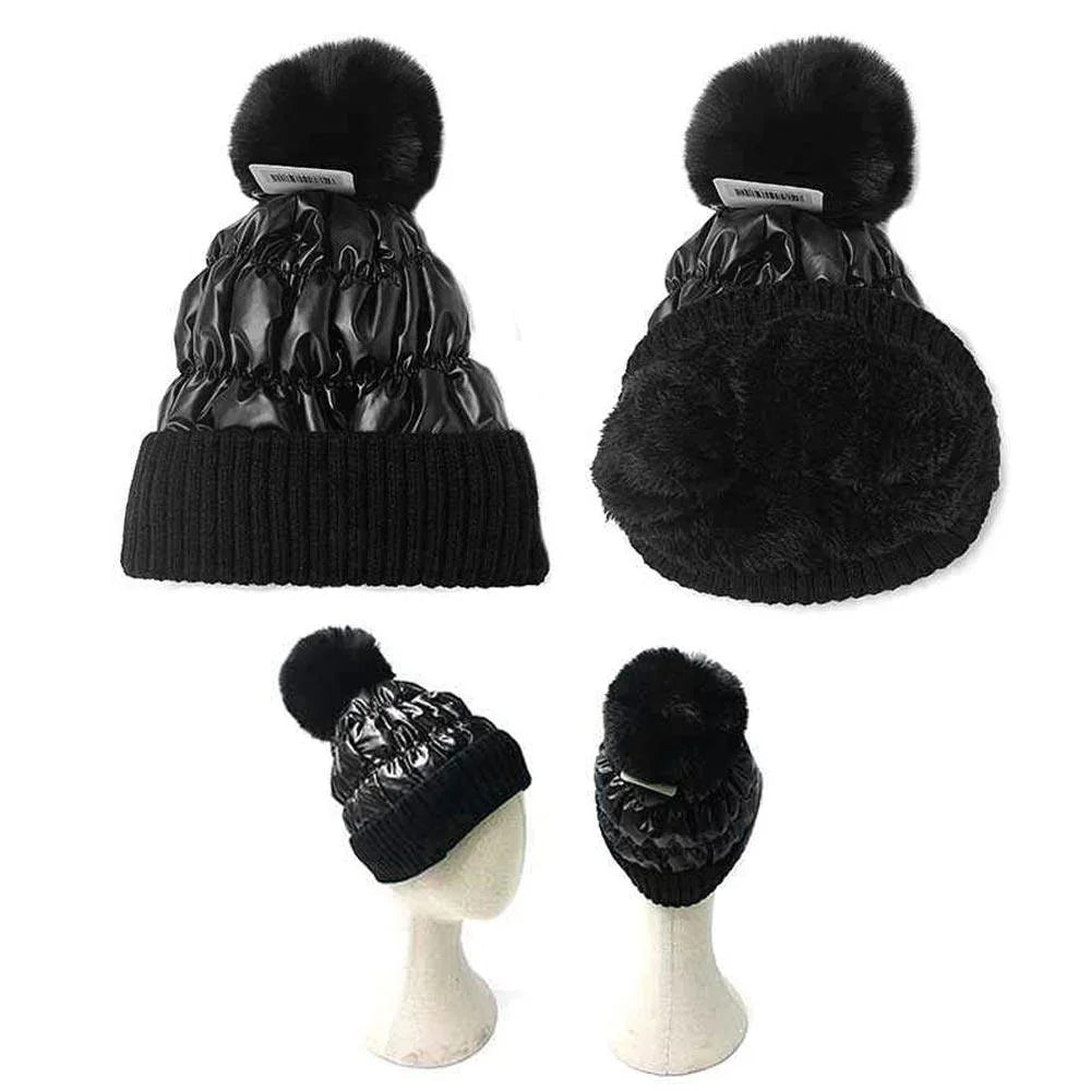 Fleece Lining Puffer Knit Pom Pom Beanie Hat - Jewelry Store by Erik Rayo