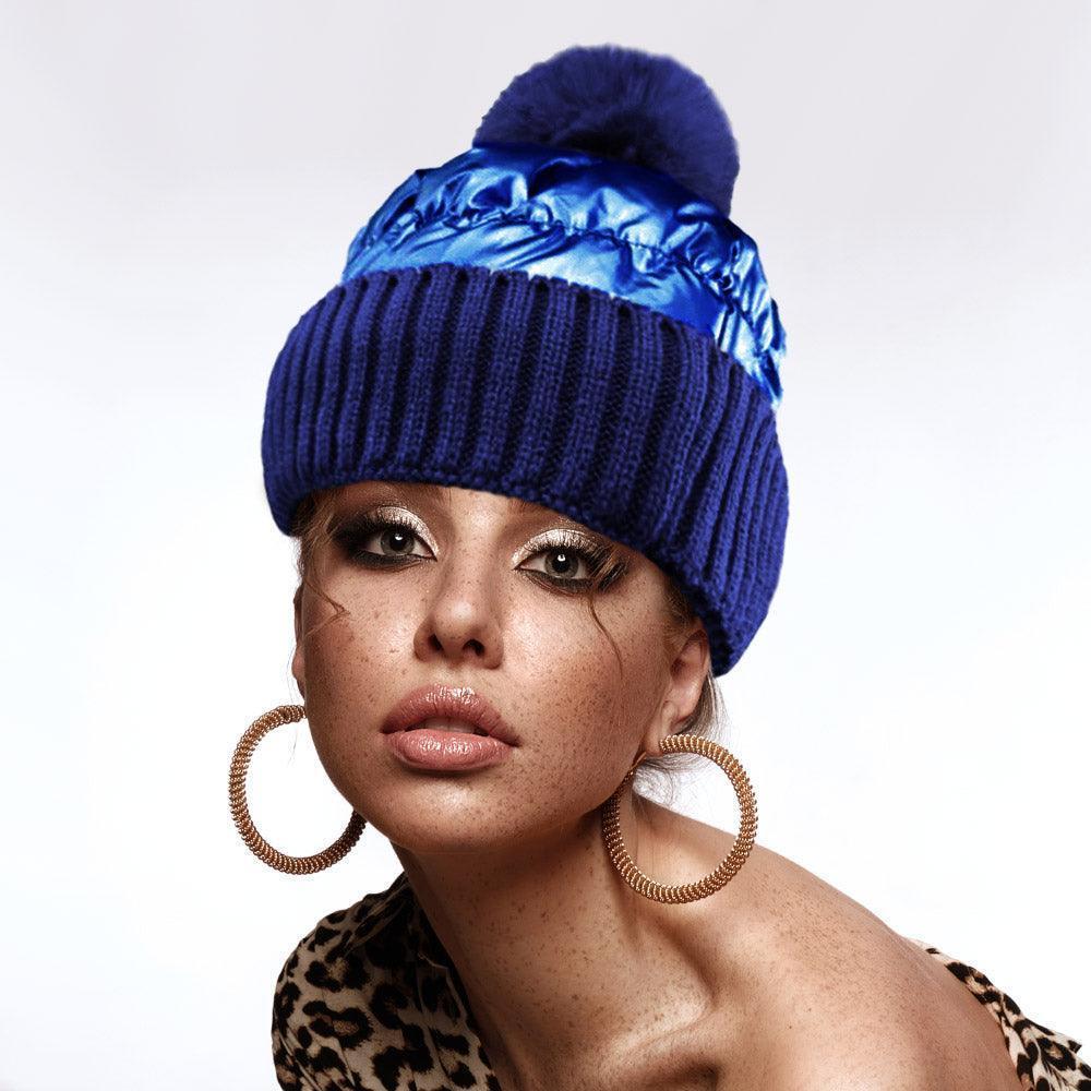 Fleece Lining Puffer Knit Pom Pom Beanie Hat - Jewelry Store by Erik Rayo