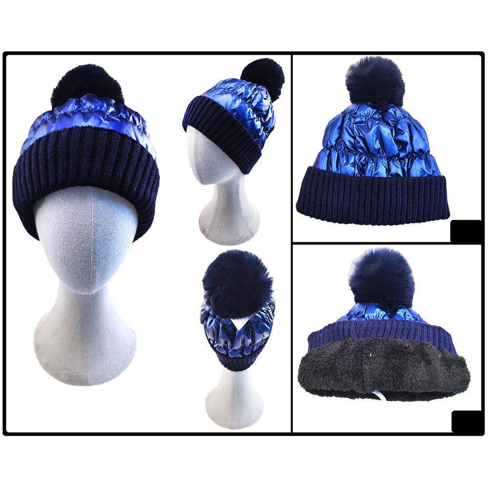Fleece Lining Puffer Knit Pom Pom Beanie Hat - Jewelry Store by Erik Rayo