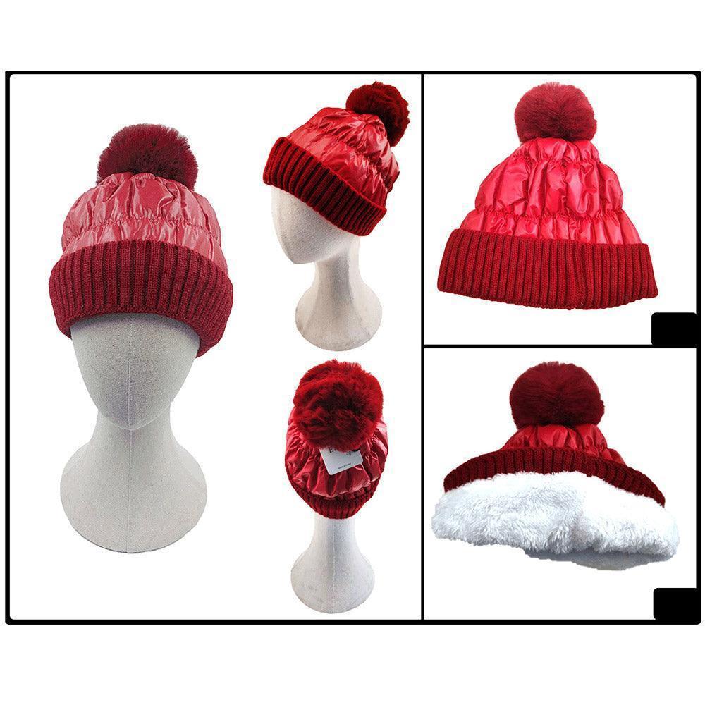 Fleece Lining Puffer Knit Pom Pom Beanie Hat - Jewelry Store by Erik Rayo