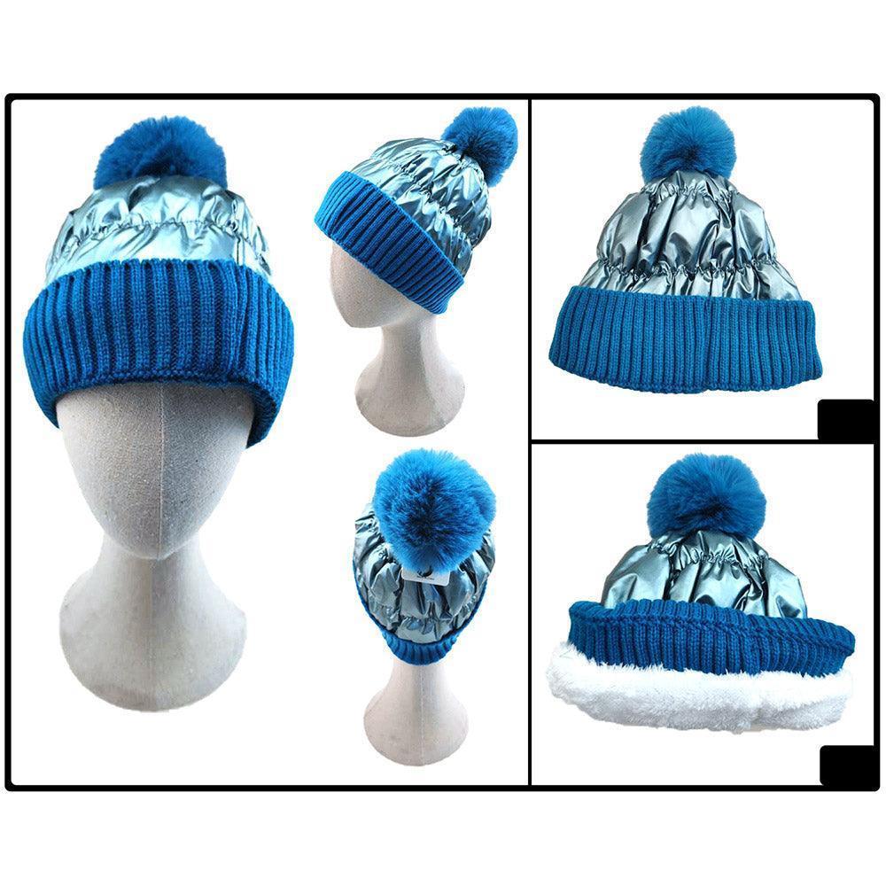 Fleece Lining Puffer Knit Pom Pom Beanie Hat - Jewelry Store by Erik Rayo