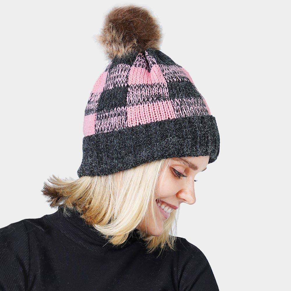 Buffalo Check Pattern Faux Pom Pom Knit Beanie Hat - Jewelry Store by Erik Rayo
