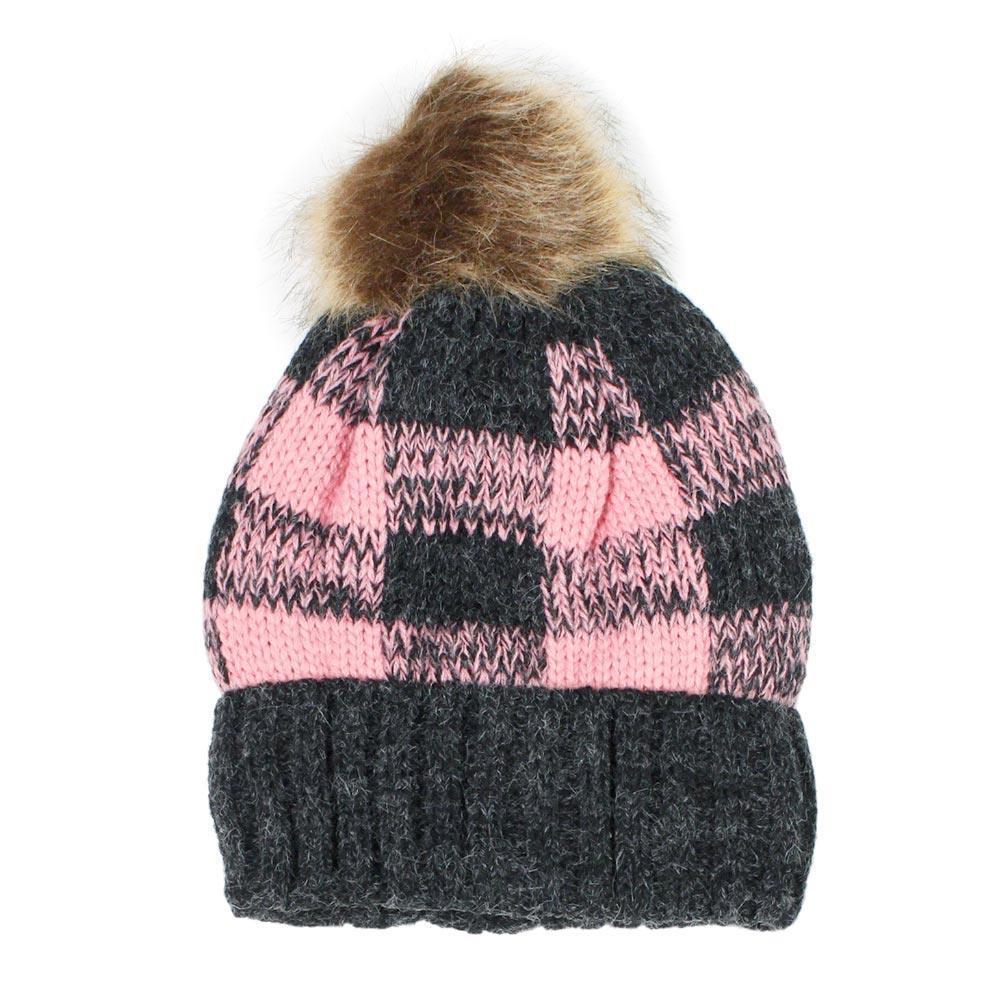 Buffalo Check Pattern Faux Pom Pom Knit Beanie Hat - Jewelry Store by Erik Rayo