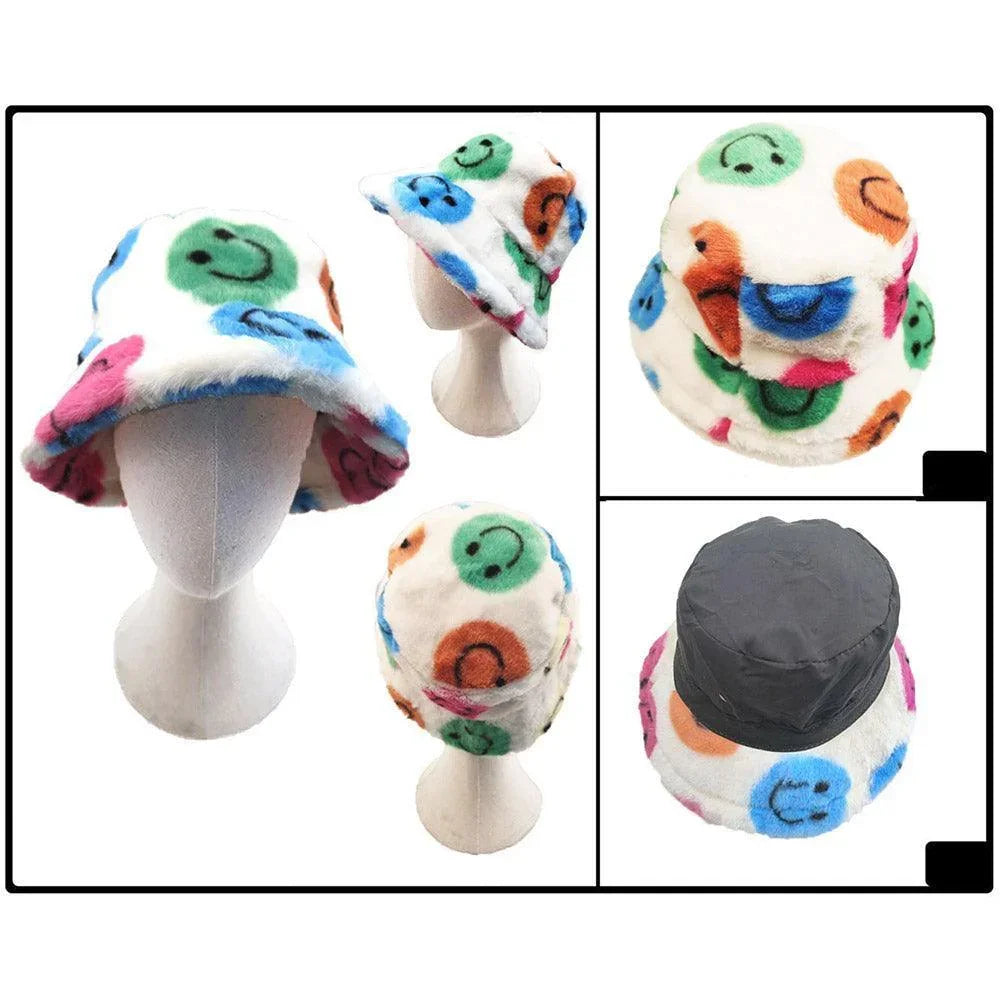 Smile Patterned Faux Fur Bucket Hat - Jewelry Store by Erik Rayo