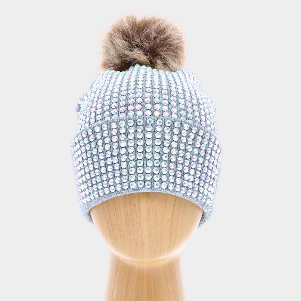 Double Layer Bedazzled Cuffed Pom Pom Beanie Hat - Jewelry Store by Erik Rayo
