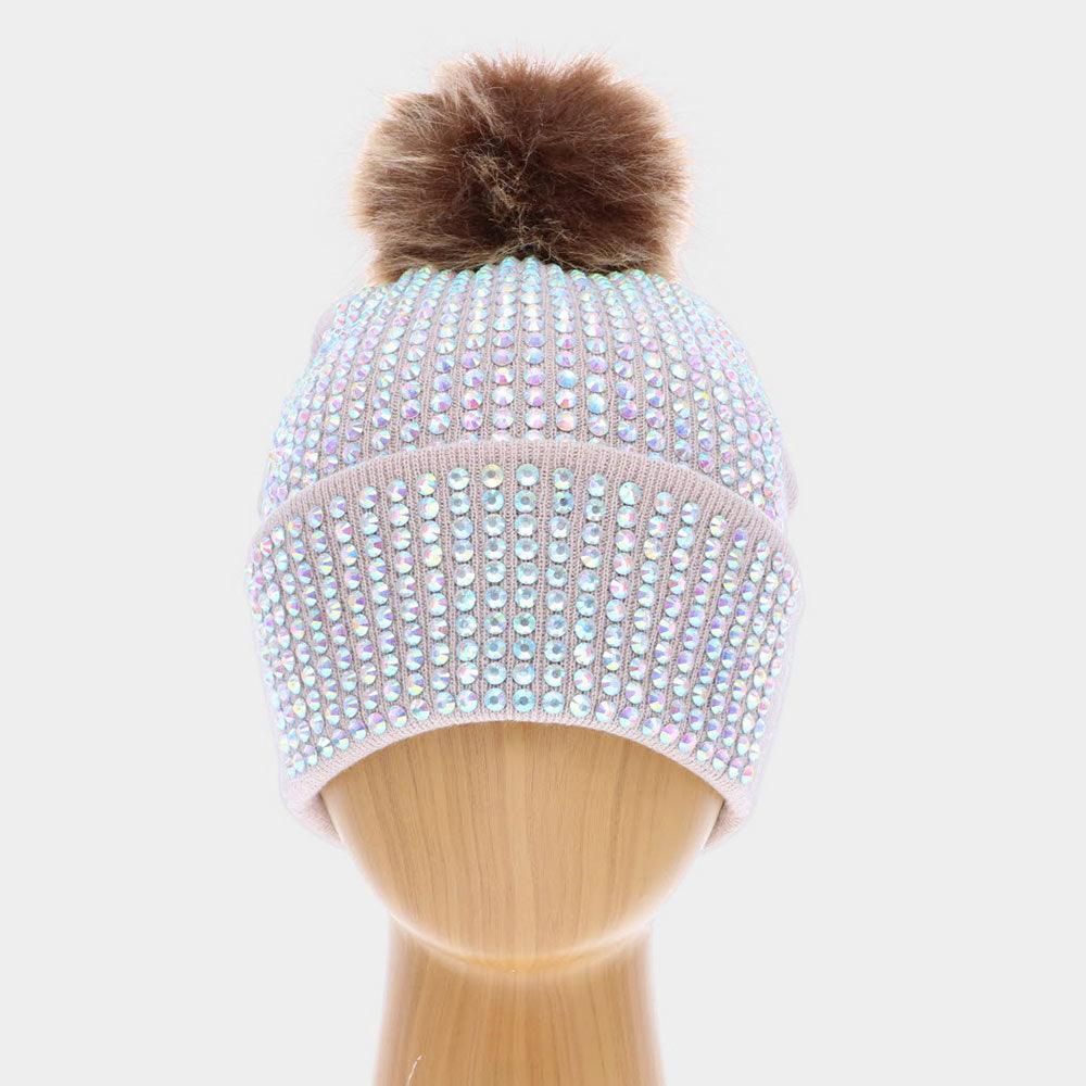 Double Layer Bedazzled Cuffed Pom Pom Beanie Hat - Jewelry Store by Erik Rayo