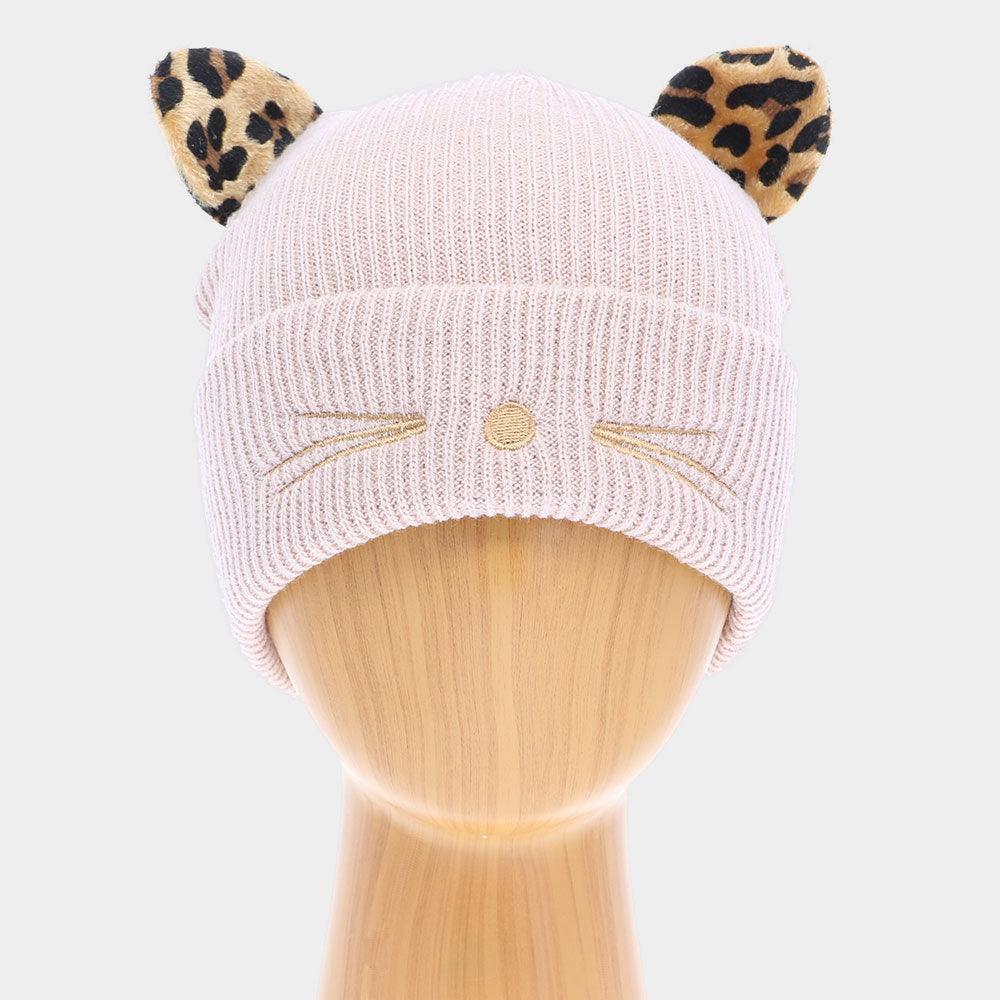 Cable Knit Leopard Pattern Cat Ear Beanie Hat