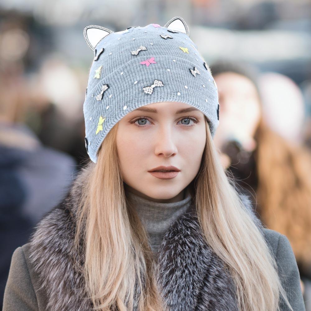 Cat Ear Ribbon Stone Embellished Beanie Hat - Jewelry Store by Erik Rayo