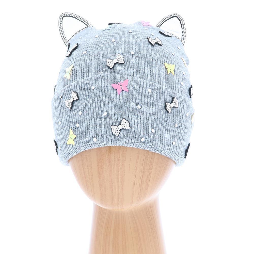 Cat Ear Ribbon Stone Embellished Beanie Hat - Jewelry Store by Erik Rayo