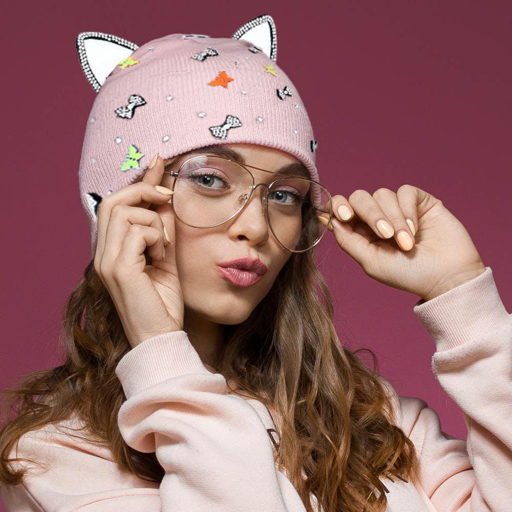 Cat Ear Ribbon Stone Embellished Beanie Hat - Jewelry Store by Erik Rayo