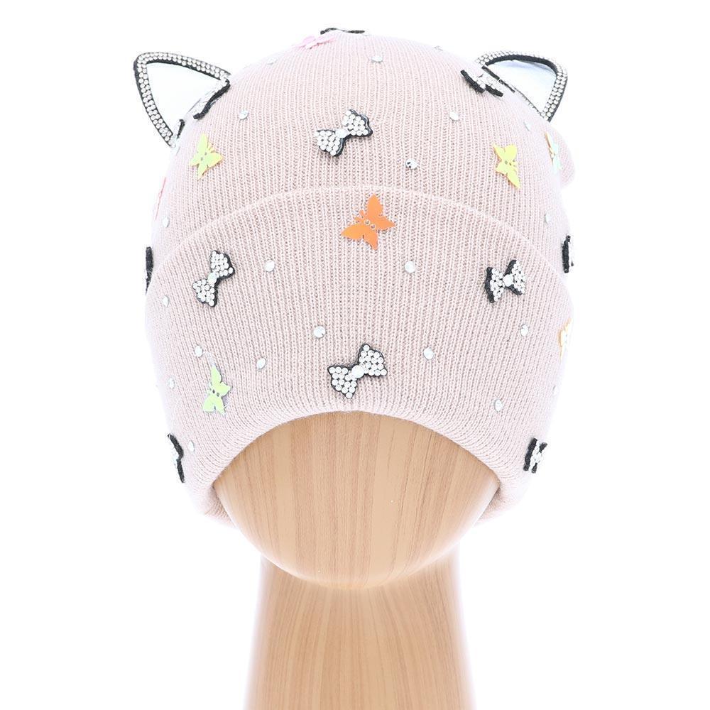Cat Ear Ribbon Stone Embellished Beanie Hat - Jewelry Store by Erik Rayo