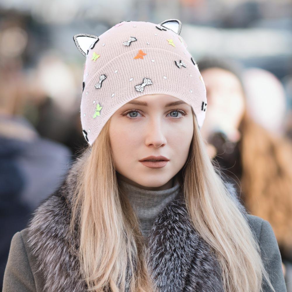 Cat Ear Ribbon Stone Embellished Beanie Hat - Jewelry Store by Erik Rayo