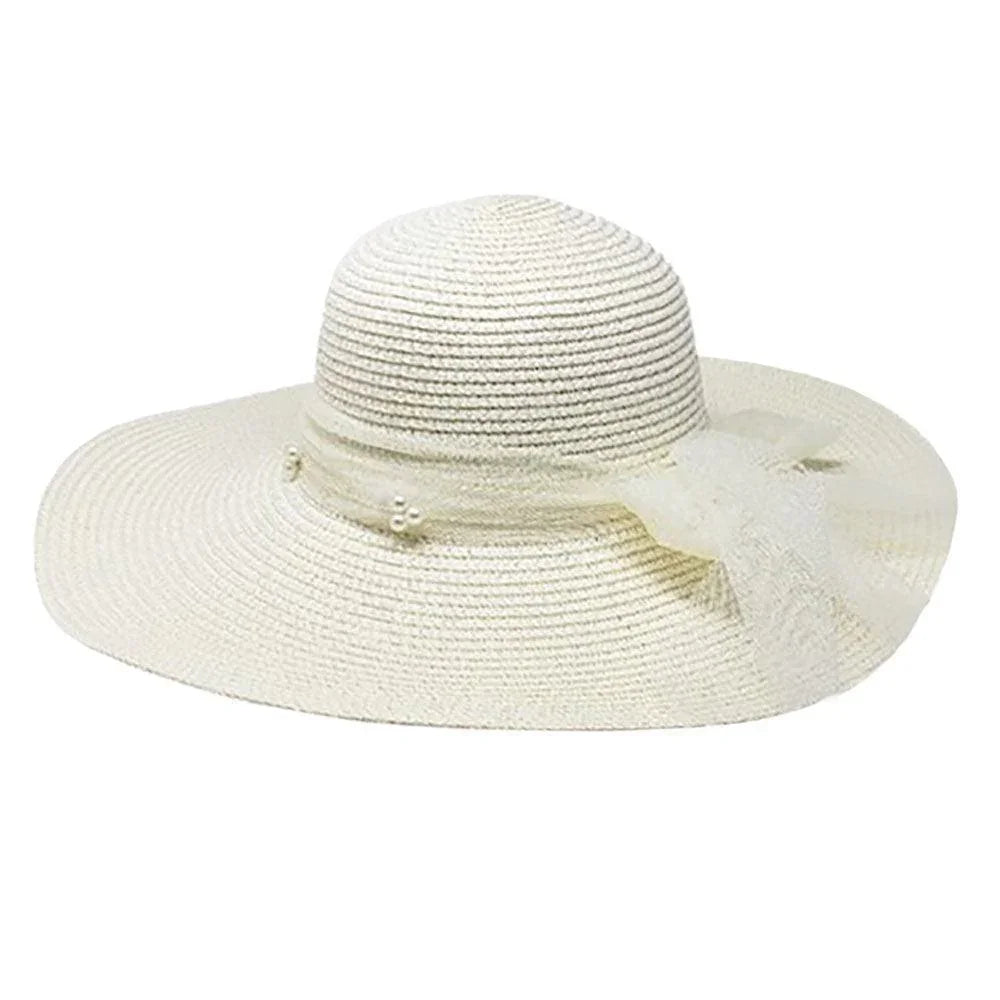 Pearl Embellished Ribbon Band Straw Sun Hat - Jewelry Store by Erik Rayo