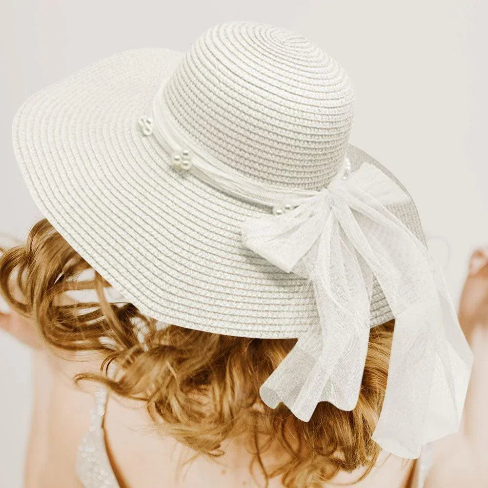 Pearl Embellished Ribbon Band Straw Sun Hat - Jewelry Store by Erik Rayo