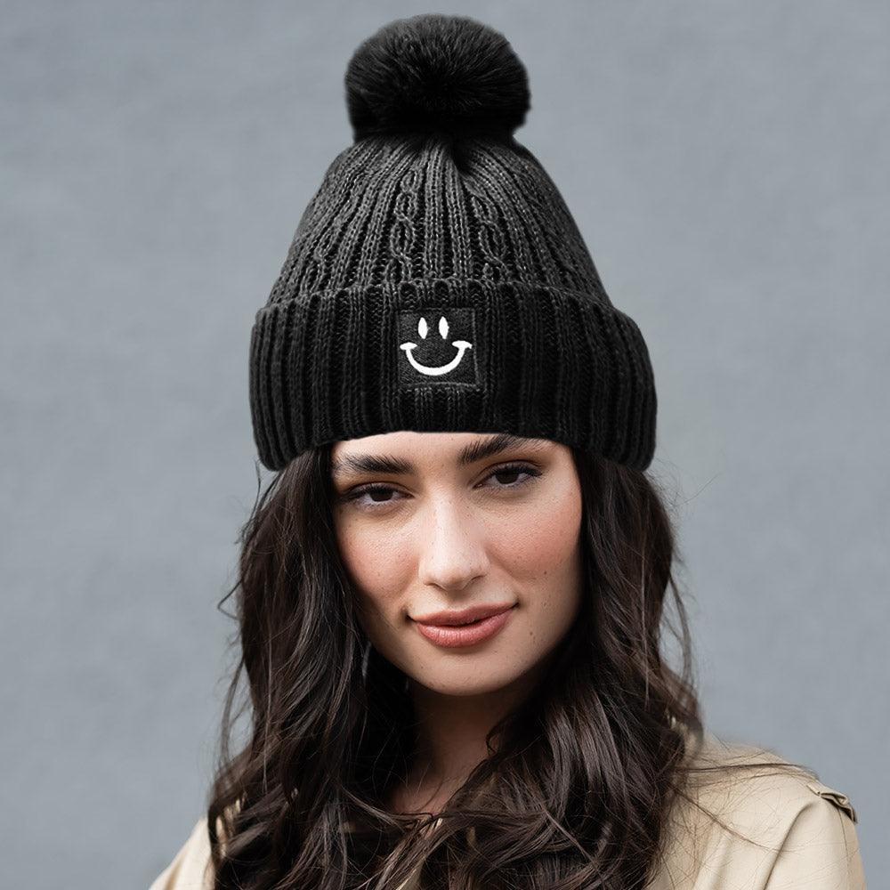 Fleece Lining Smile Pointed Pom Pom Beanie Hat - Jewelry Store by Erik Rayo