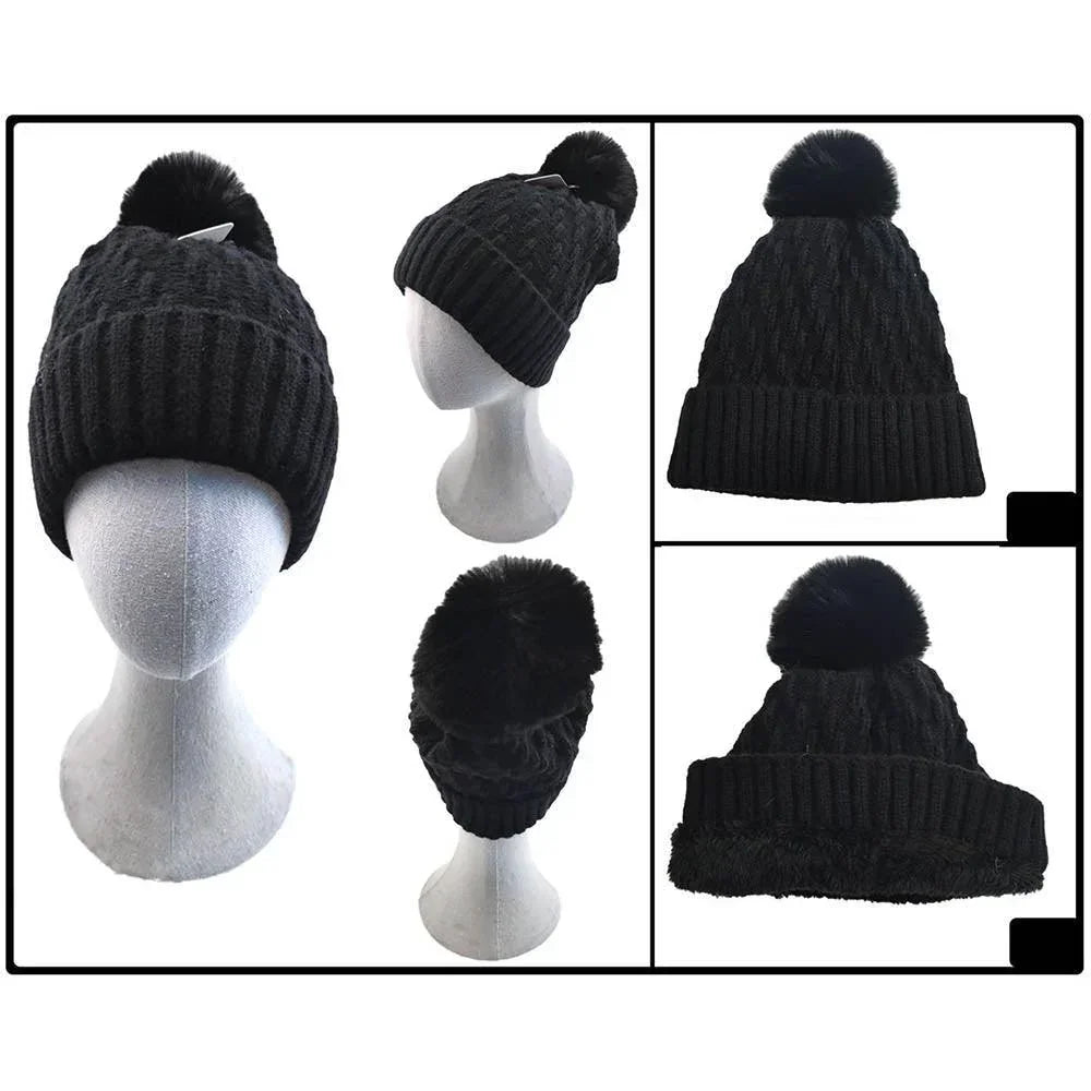 Fleece Lining Solid Knit Faux Fur Pom Pom Beanie Hat - Jewelry Store by Erik Rayo