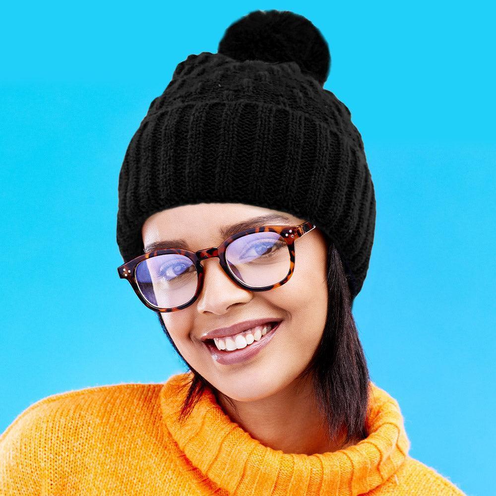 Fleece Lining Solid Knit Faux Fur Pom Pom Beanie Hat - Jewelry Store by Erik Rayo