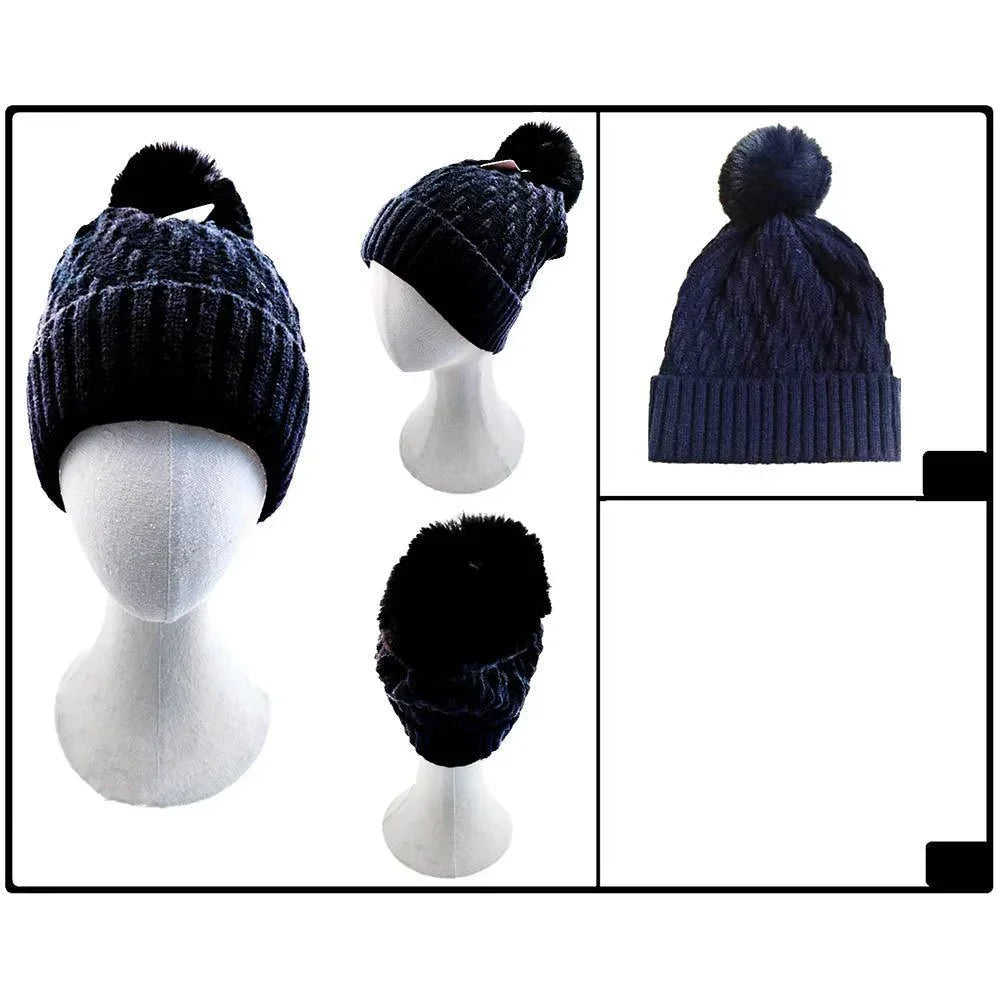 Fleece Lining Solid Knit Faux Fur Pom Pom Beanie Hat - Jewelry Store by Erik Rayo