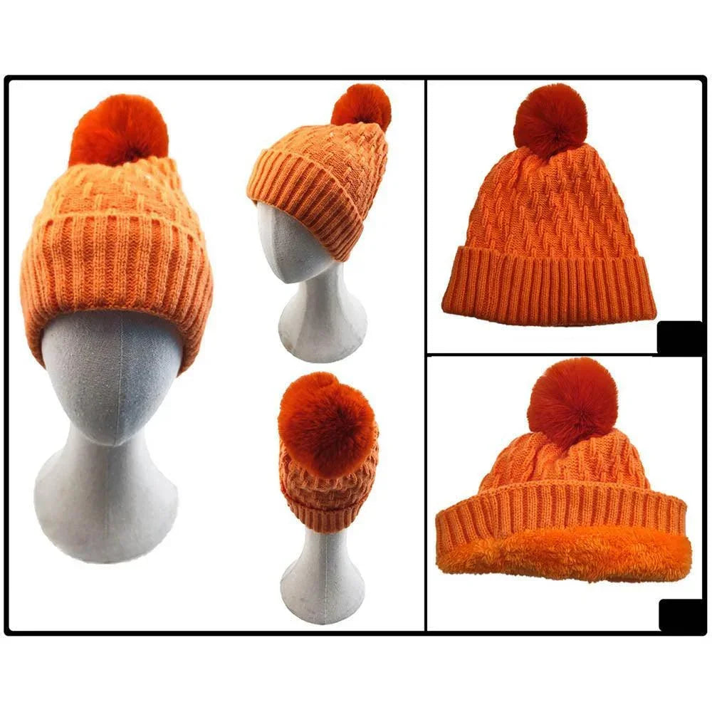 Fleece Lining Solid Knit Faux Fur Pom Pom Beanie Hat - Jewelry Store by Erik Rayo