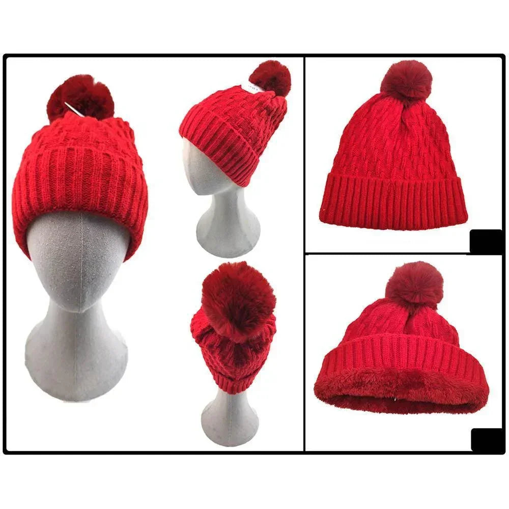 Fleece Lining Solid Knit Faux Fur Pom Pom Beanie Hat - Jewelry Store by Erik Rayo