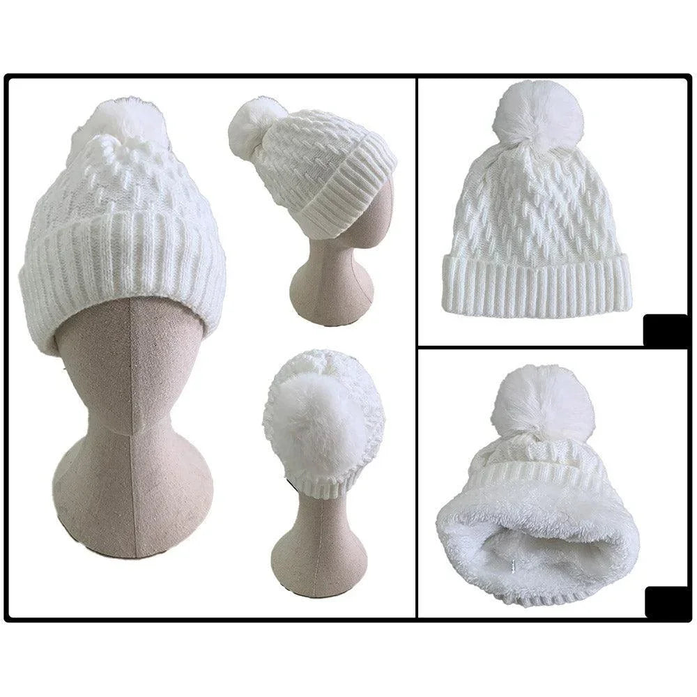 Fleece Lining Solid Knit Faux Fur Pom Pom Beanie Hat - Jewelry Store by Erik Rayo