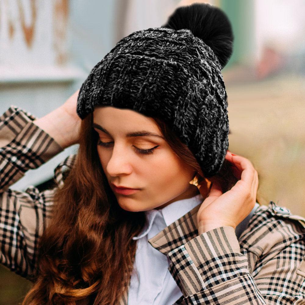 Fleece Lining Mixed Color Knit Faux Fur Pom Pom Beanie Hat - Jewelry Store by Erik Rayo