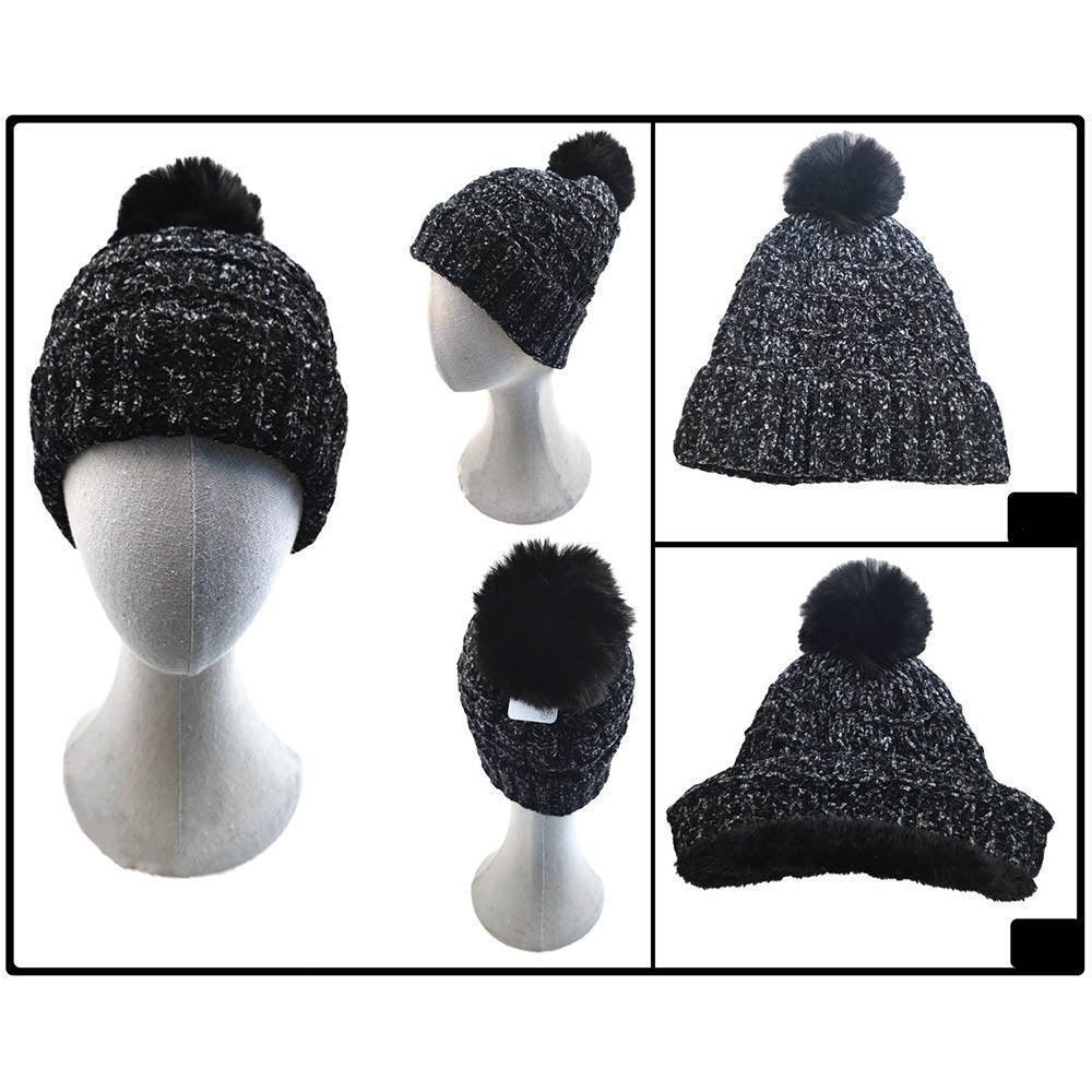 Fleece Lining Mixed Color Knit Faux Fur Pom Pom Beanie Hat - Jewelry Store by Erik Rayo