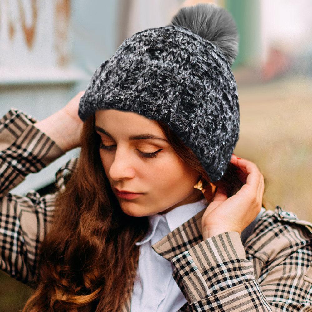 Fleece Lining Mixed Color Knit Faux Fur Pom Pom Beanie Hat - Jewelry Store by Erik Rayo