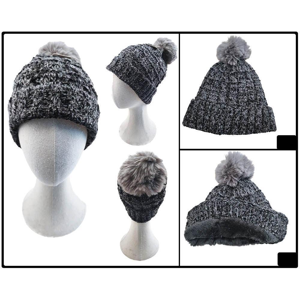Fleece Lining Mixed Color Knit Faux Fur Pom Pom Beanie Hat - Jewelry Store by Erik Rayo