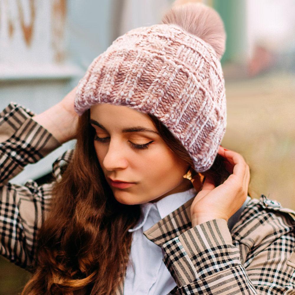 Fleece Lining Mixed Color Knit Faux Fur Pom Pom Beanie Hat - Jewelry Store by Erik Rayo