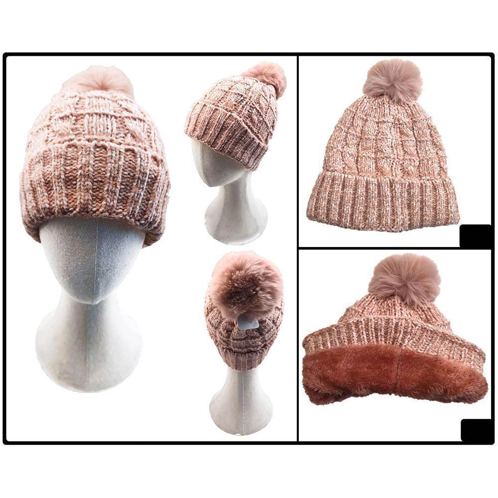 Fleece Lining Mixed Color Knit Faux Fur Pom Pom Beanie Hat - Jewelry Store by Erik Rayo