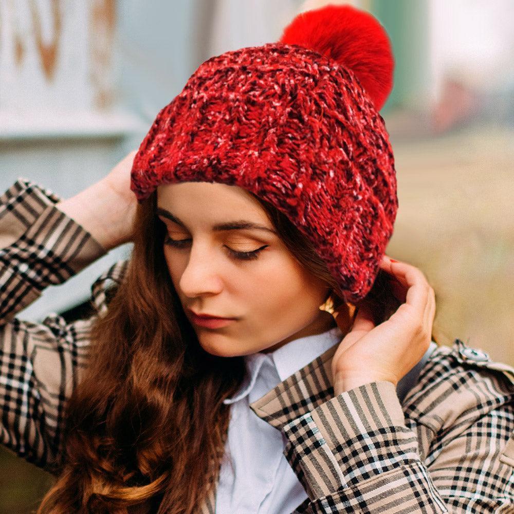 Fleece Lining Mixed Color Knit Faux Fur Pom Pom Beanie Hat - Jewelry Store by Erik Rayo