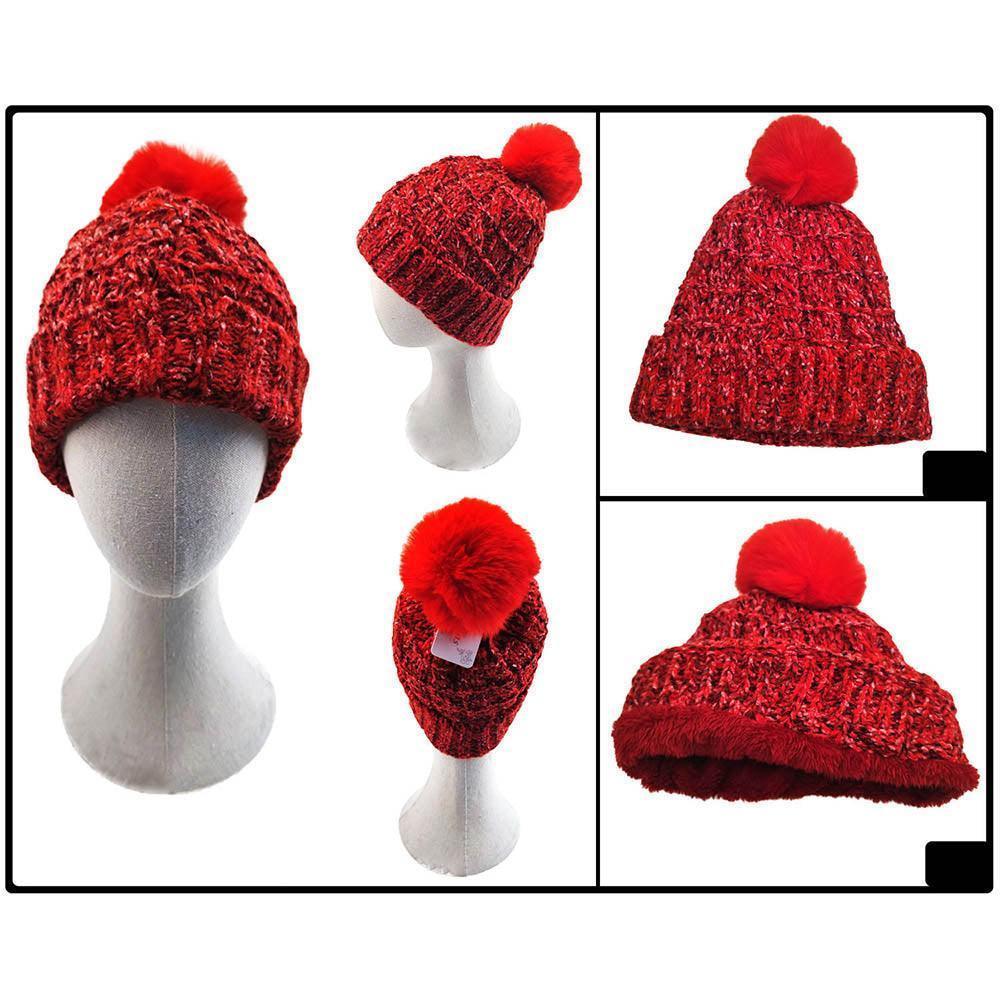 Fleece Lining Mixed Color Knit Faux Fur Pom Pom Beanie Hat - Jewelry Store by Erik Rayo