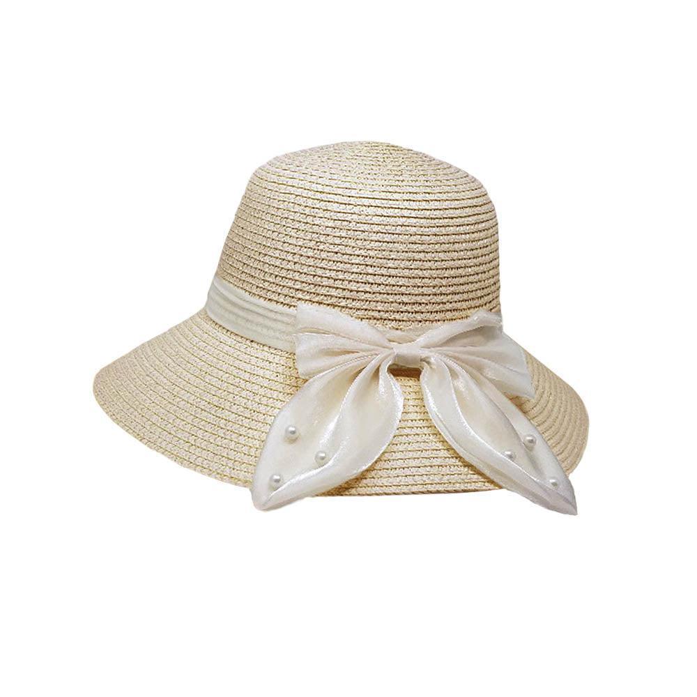 Pearl Pointed Bow Band Straw Sun Hat - Jewelry Store by Erik Rayo