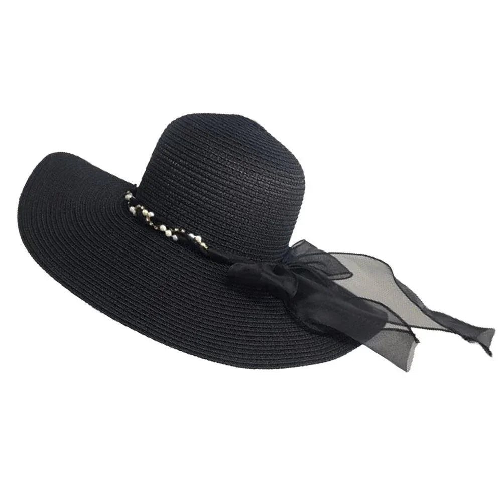 Rhinestone Pearl Twisted Bow Band Pointed Straw Sun Hat - Jewelry Store by Erik Rayo