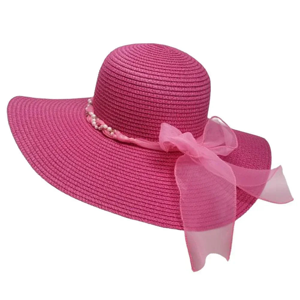Rhinestone Pearl Twisted Bow Band Pointed Straw Sun Hat - Jewelry Store by Erik Rayo
