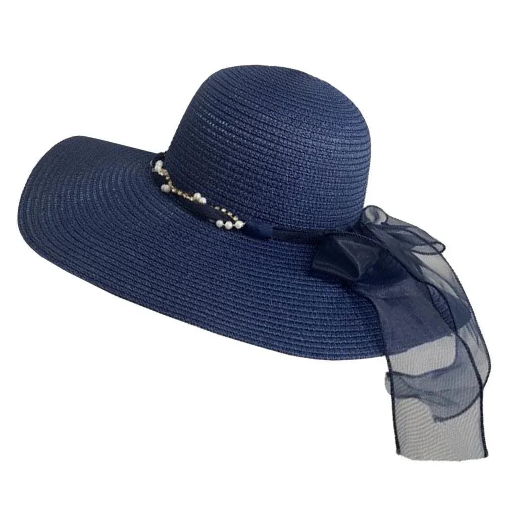 Rhinestone Pearl Twisted Bow Band Pointed Straw Sun Hat - Jewelry Store by Erik Rayo
