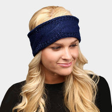 Load image into Gallery viewer, Navy Twisted Tiny Sequin Soft Knit Headband
