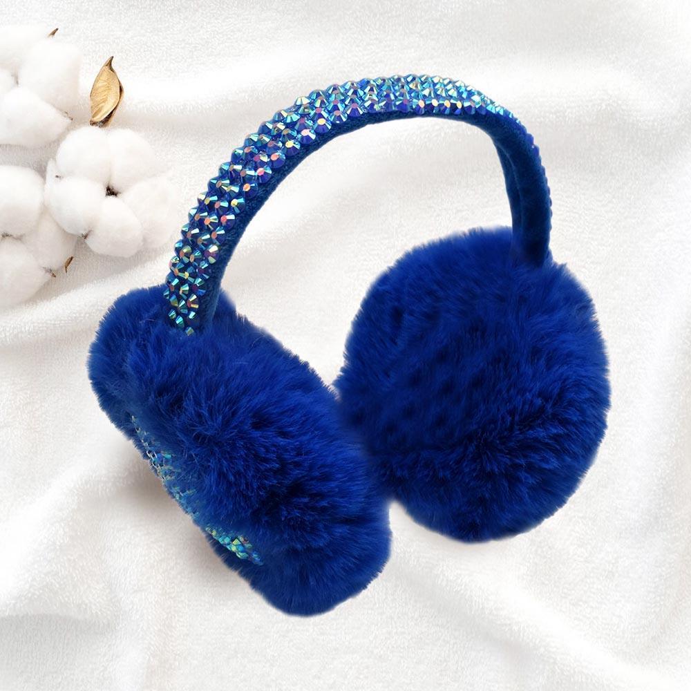 Royal Blue Studded Fluffy Plush Fur Foldable Earmuff