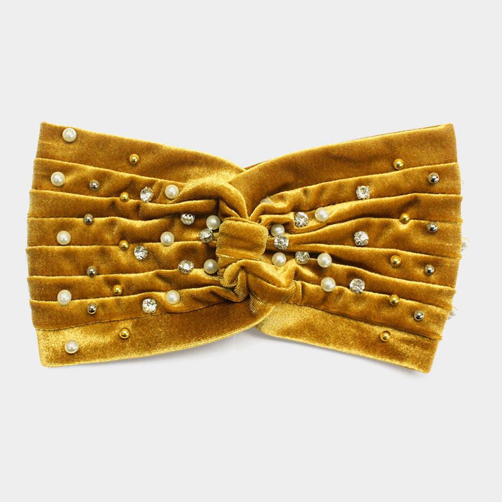 Gold Crystal Pearl Detailed Twisted Velvet Headband
