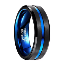 Load image into Gallery viewer, Men&#39;s Wedding Band 6mm Blue Line Black Brushed Ring for Men and Women
