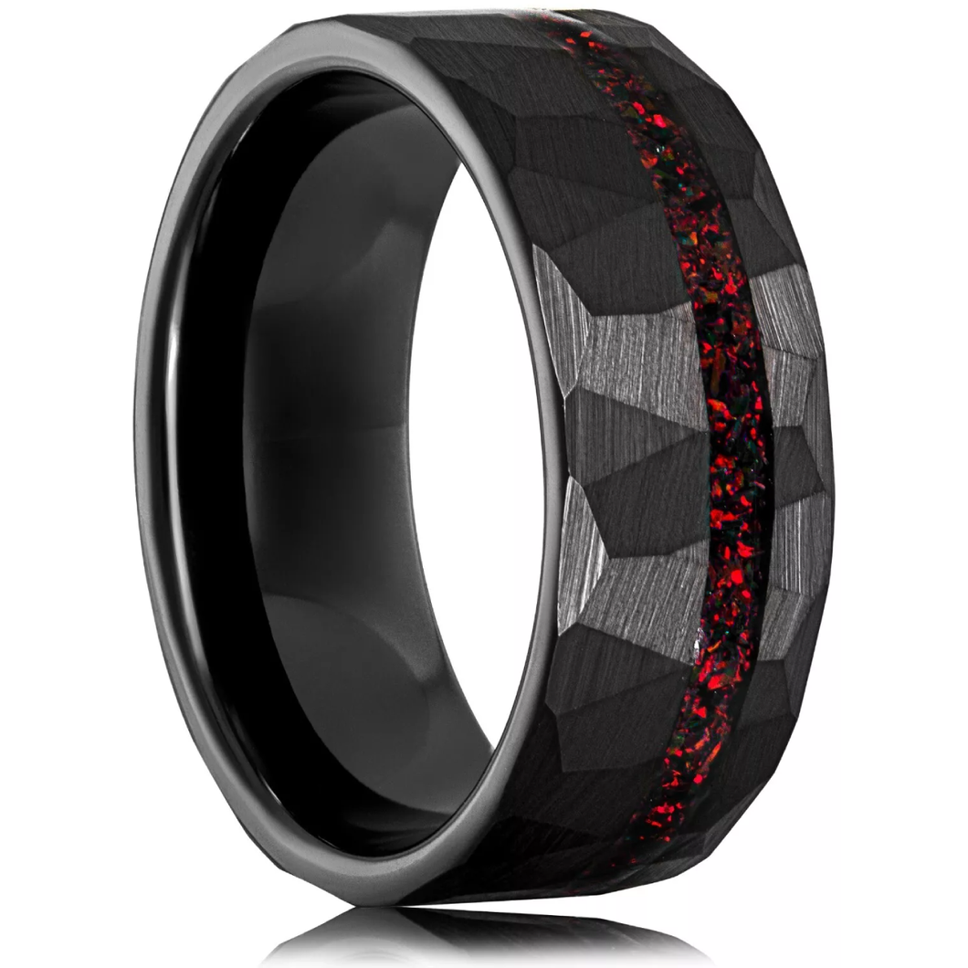 Black Wedding Band with Red Opal Men's and Women's Wedding and Engagement Band