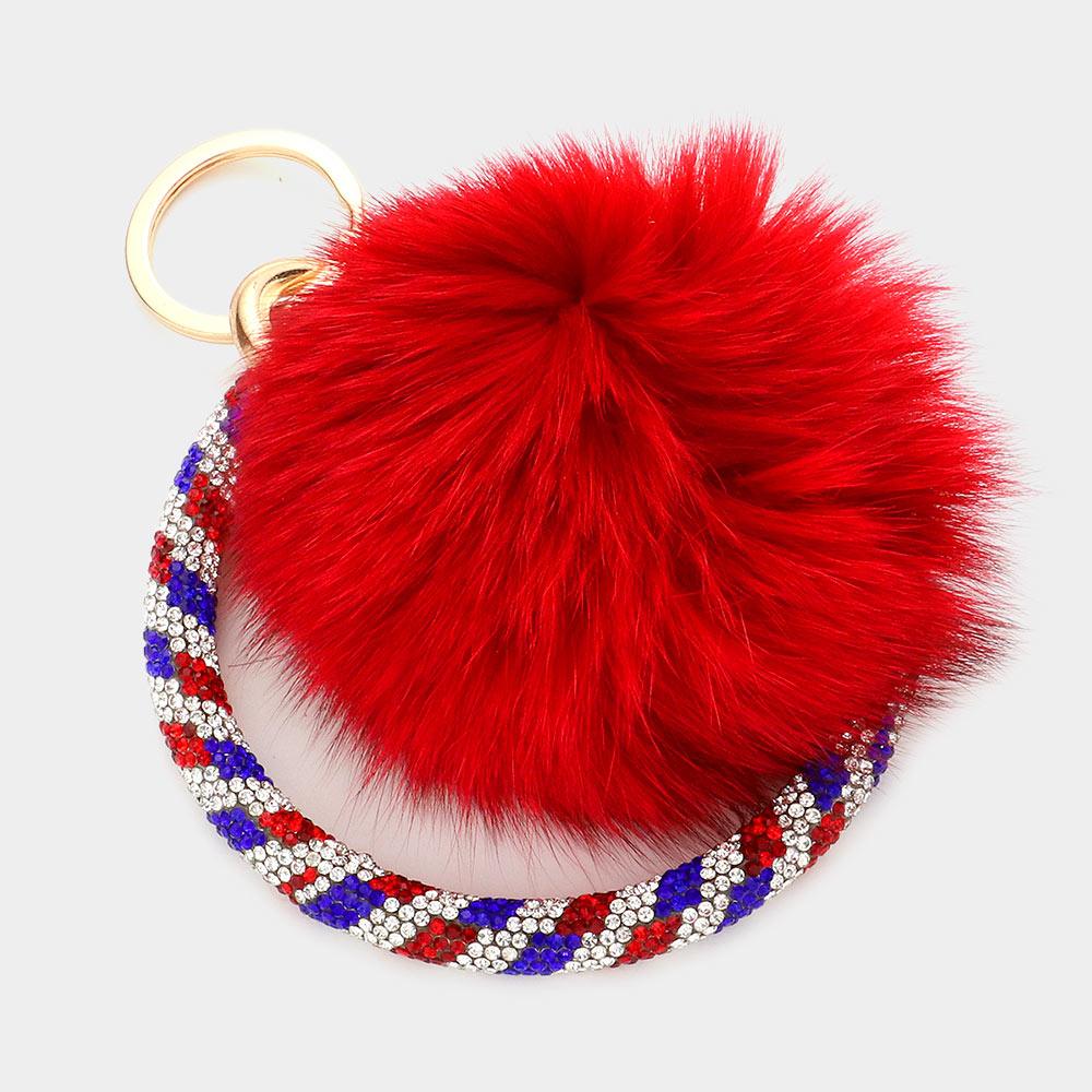 Red Pom Pom Rhinestone Pave Bangle Keychain / Bracelet