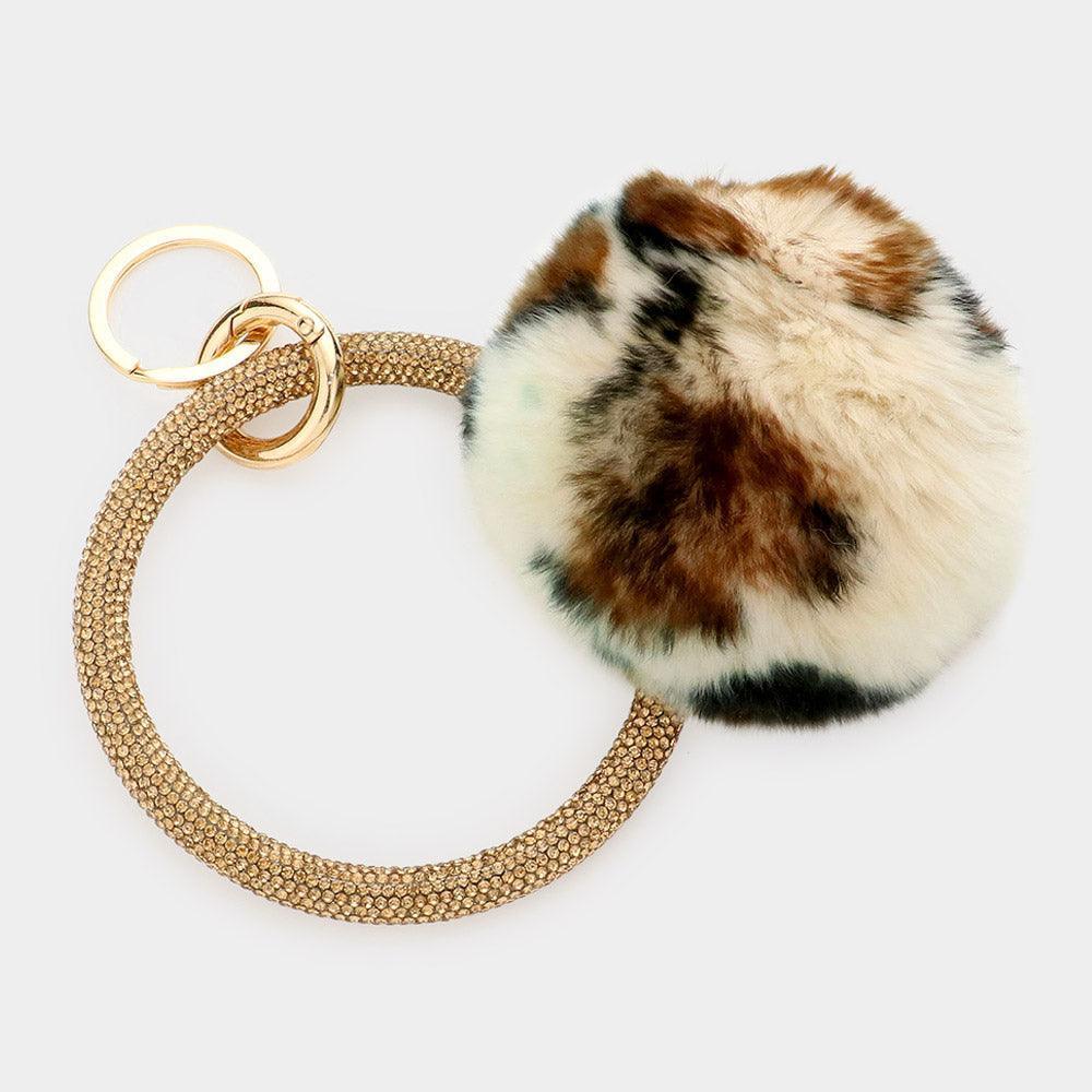 Brown Leopard Pattern Pom Pom Rhinestone Pave Bangle Keychain / Bracelet - Jewelry Store by Erik Rayo