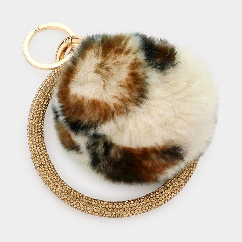 Brown Leopard Pattern Pom Pom Rhinestone Pave Bangle Keychain / Bracelet - Jewelry Store by Erik Rayo