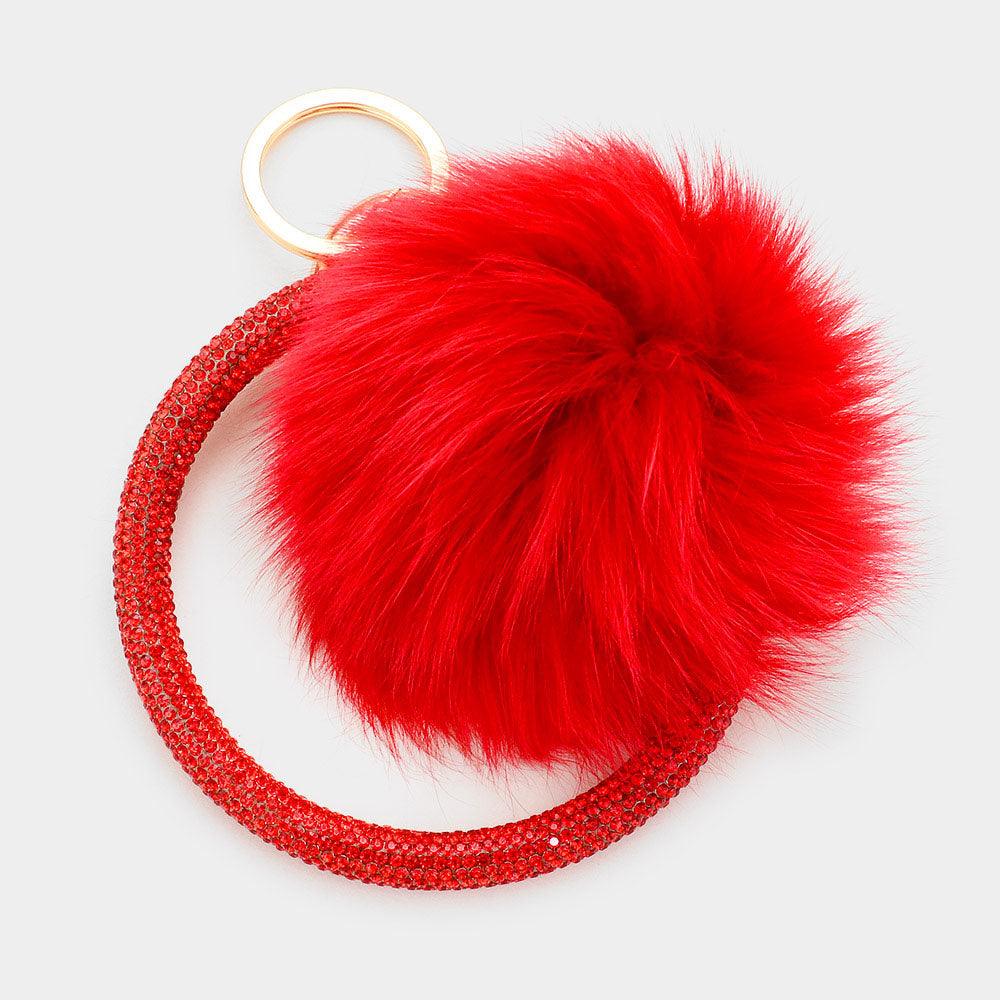 Red Pom Pom Rhinestone Pave Bangle Keychain / Bracelet