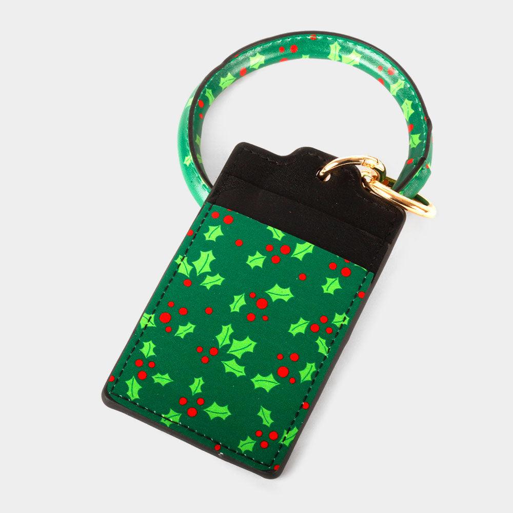 Green Poinsettia Leaf Printed Faux Leather Card Holder Keychain / Bracelet