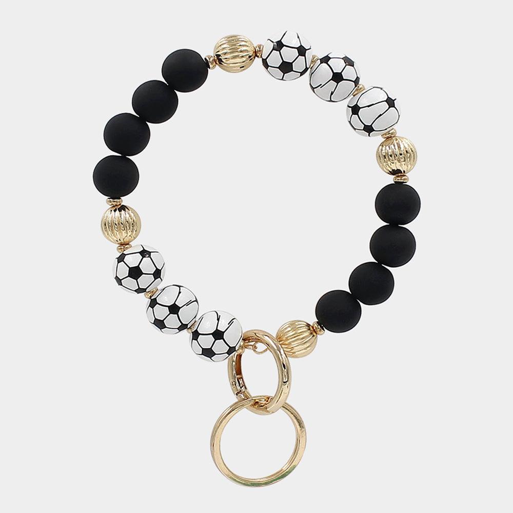 Black Soccer Wood Ball Accented Beaded Keychain / Bracelet